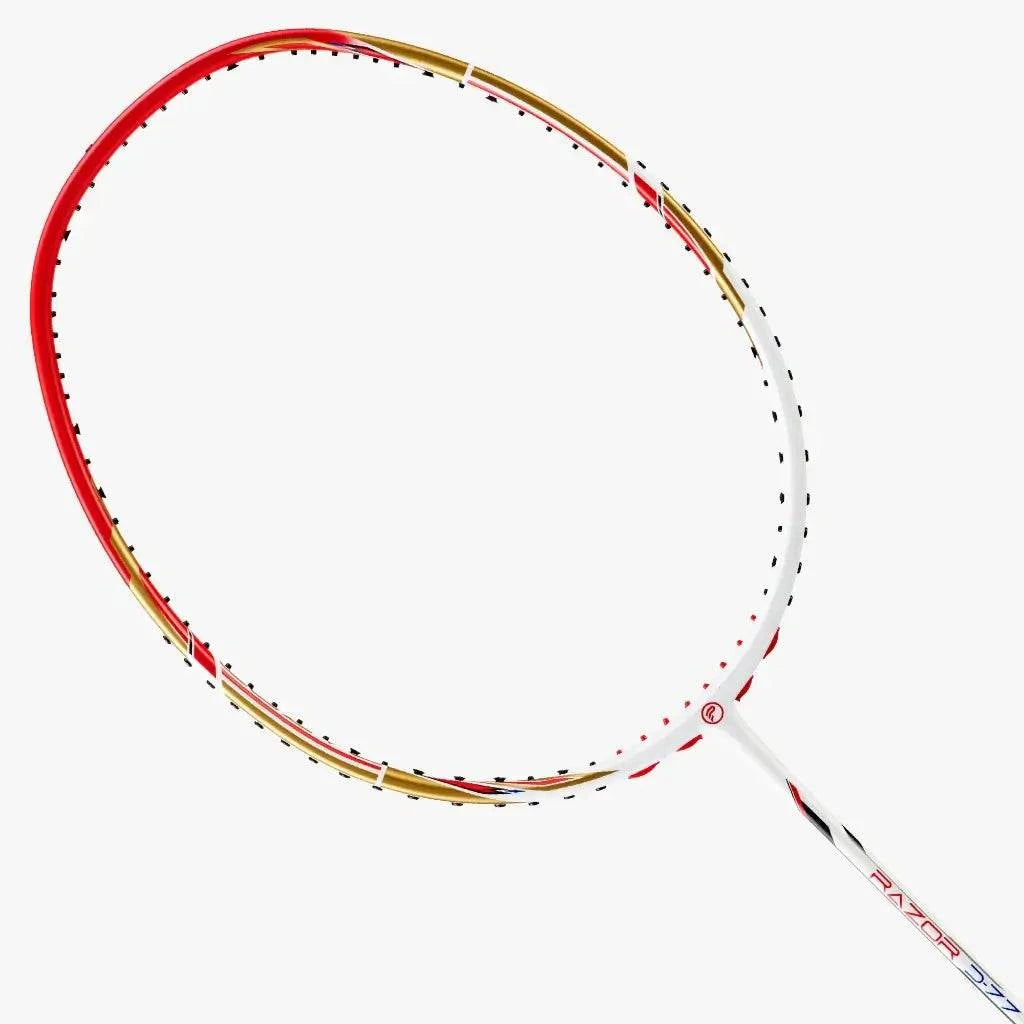 PROTECH RAZOR D-77 badminton racket with a red, white and gold frame, black grommets and slim shaft