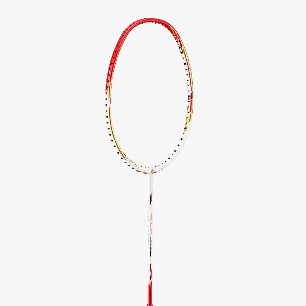 PROTECH RAZOR D-77 badminton racket with a slim red, white and yellow frame and white shaft with red accents