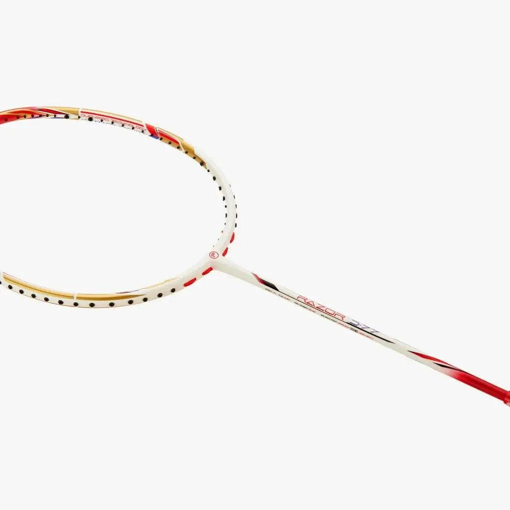 PROTECH RAZOR D-77 badminton racket with a white, gold and red frame, isometric head and red grip