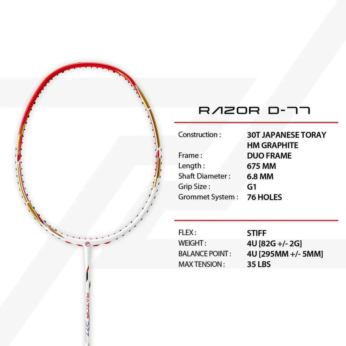 PROTECH RAZOR D-77 badminton racket with a white graphite frame, red and gold accents, and isometric head