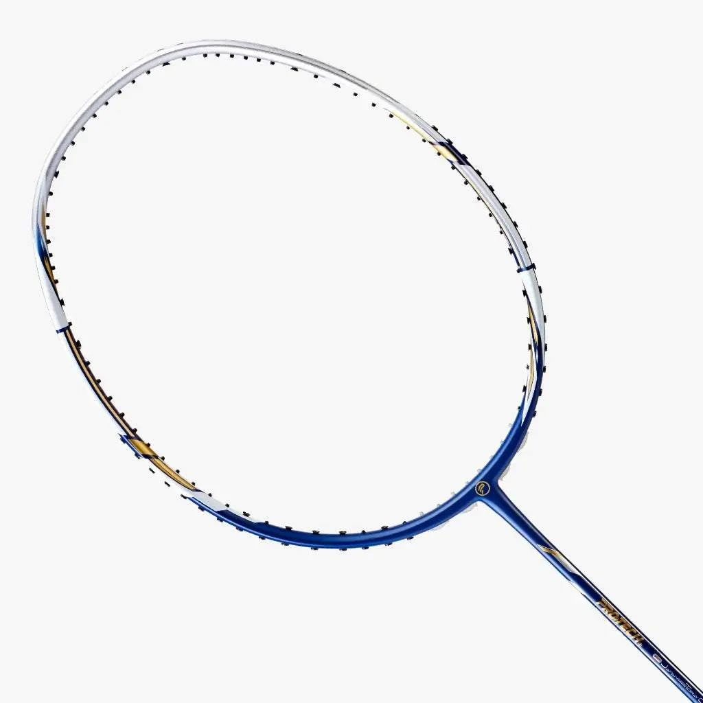 Badminton racket, PROTECH RAZOR D-99, with a blue and silver frame, fine gold accents, and a strung oval head