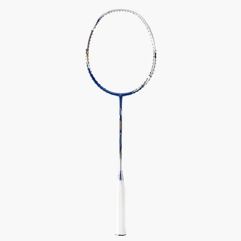 PROTECH RAZOR D-99 badminton racket with a blue and white frame, oval head, slim shaft and white grip
