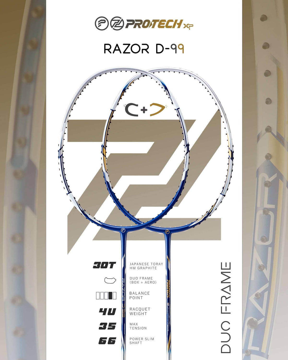 PROTECH RAZOR D-99 badminton racket pair with slim blue and white frames, isometric heads and duo-frame design