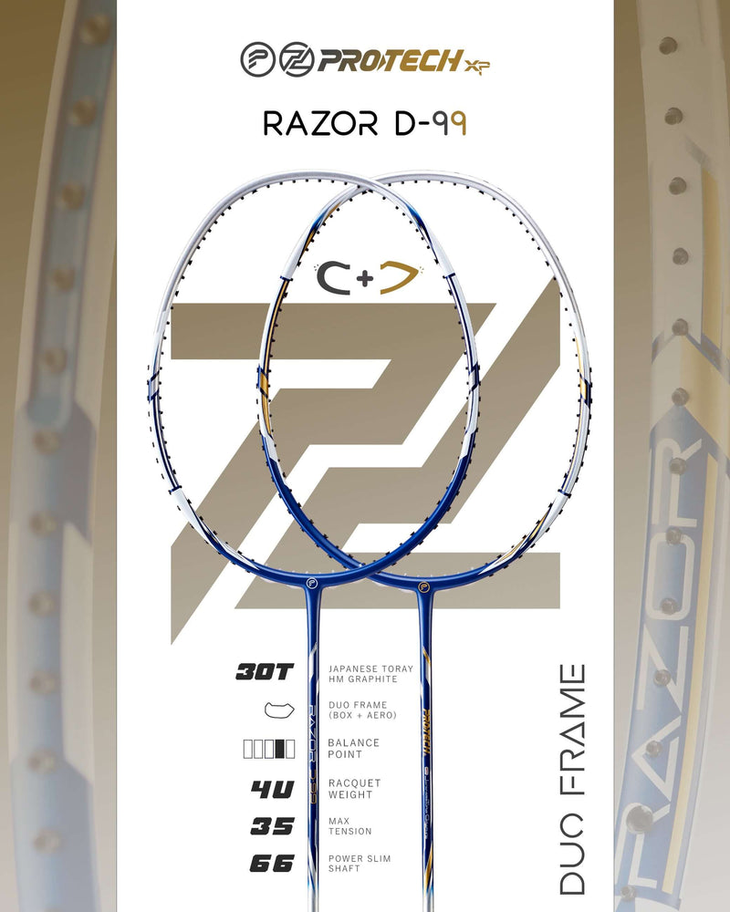PROTECH RAZOR D-99 badminton racket pair with slim blue and white frames, isometric heads and duo-frame design