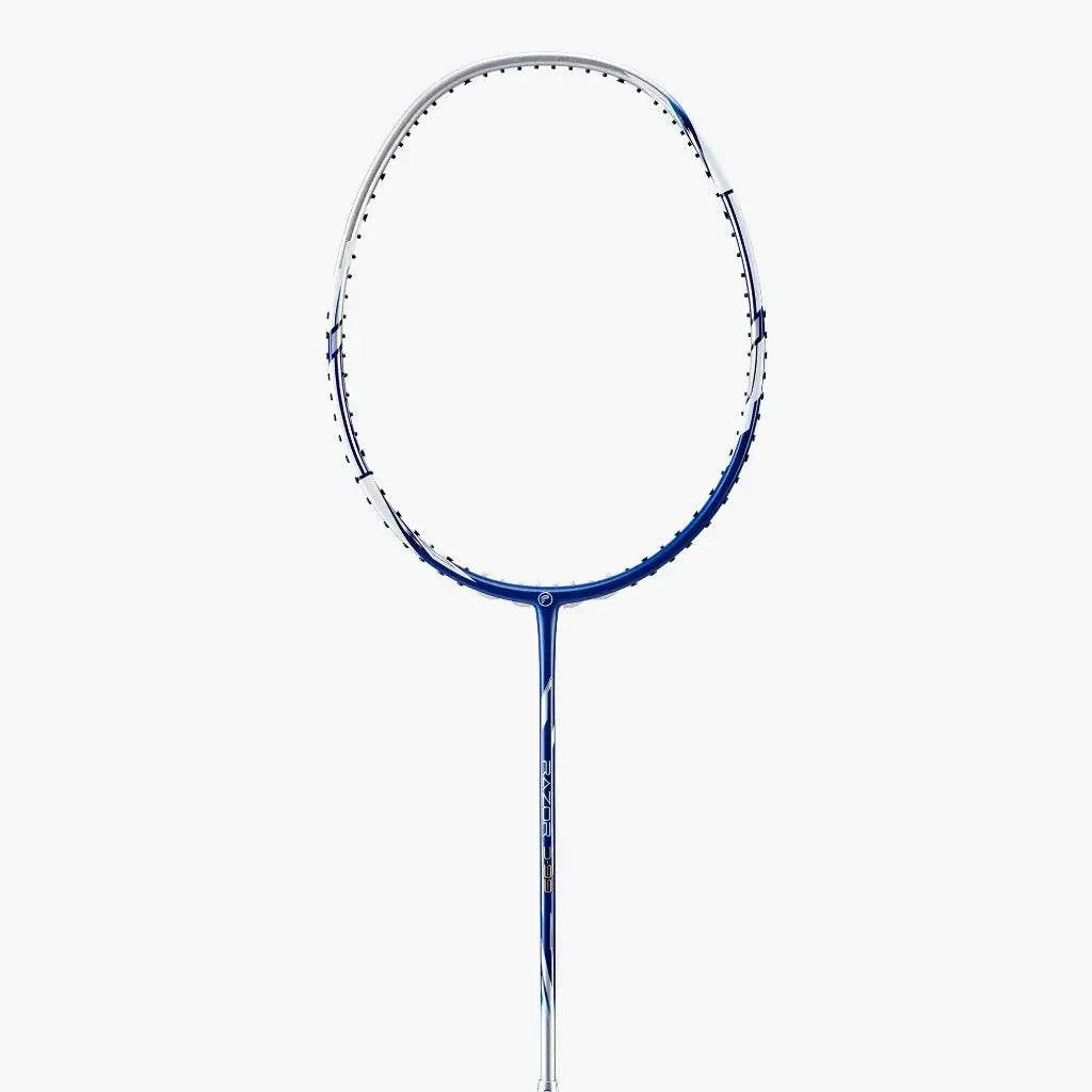 PROTECH RAZOR D-99 badminton racket with a blue and white graphite frame and oval strung head