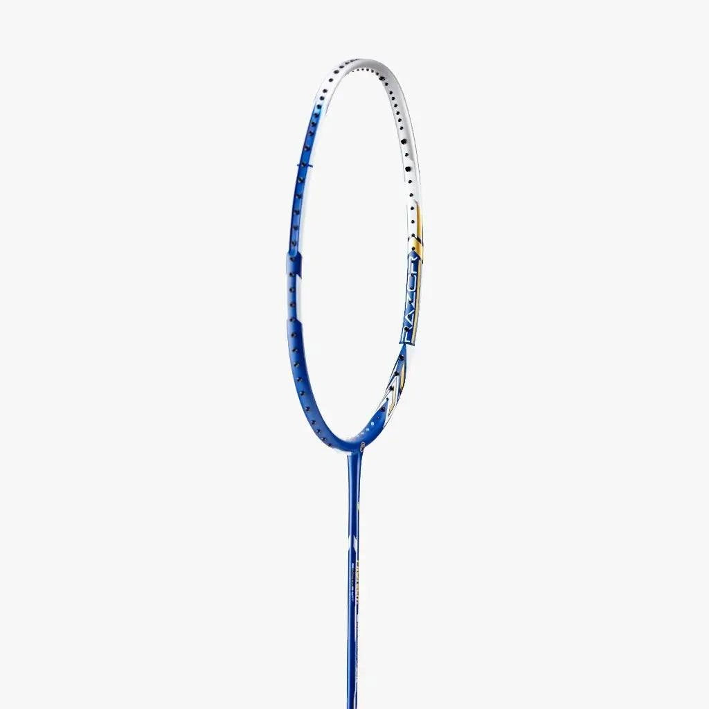 PROTECH RAZOR D-99 badminton racket with a blue and white graphite frame, unstrung head and slim shaft
