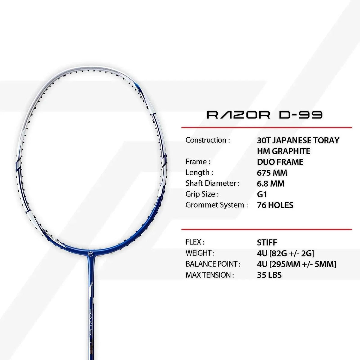 PROTECH RAZOR D-99 badminton racket with a white and blue graphite frame, slim shaft and isometric head