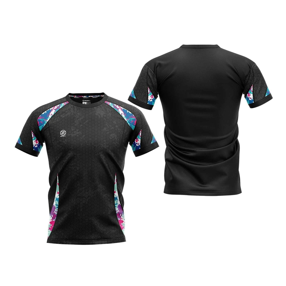 PROTECH RNZ10116M badminton sport T-shirt in black polyester with bright multicolour patterned sleeve and side panels