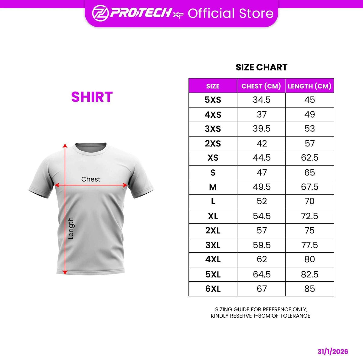 PROTECH RNZ10116M badminton sport T-shirt shown in light gray, with chest and length measurement arrows beside a size chart