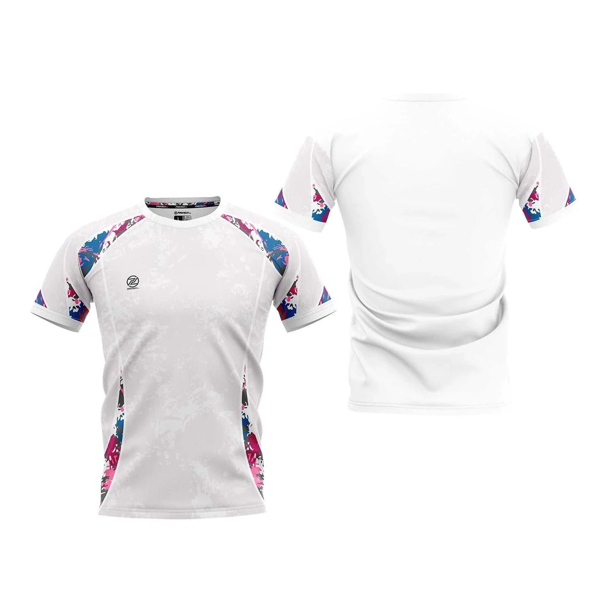 PROTECH RNZ10116M badminton sport T-shirt in white with patterned blue and pink sleeve panels and side accents