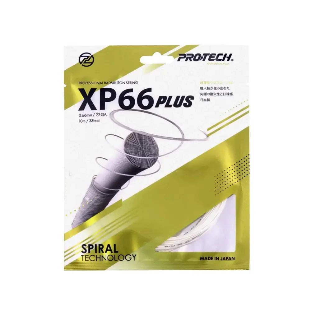 PROTECH XP66Plus Performance String in green and white packaging, featuring spiral technology graphics and 0.66 mm string