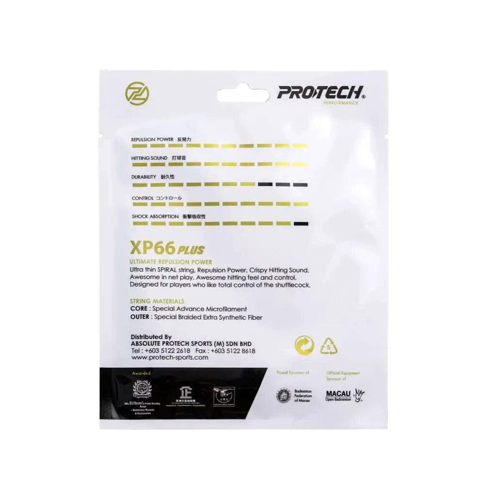 PROTECH XP66Plus Performance String packet in white and olive, marked XP66 PLUS with performance ratings and string details.