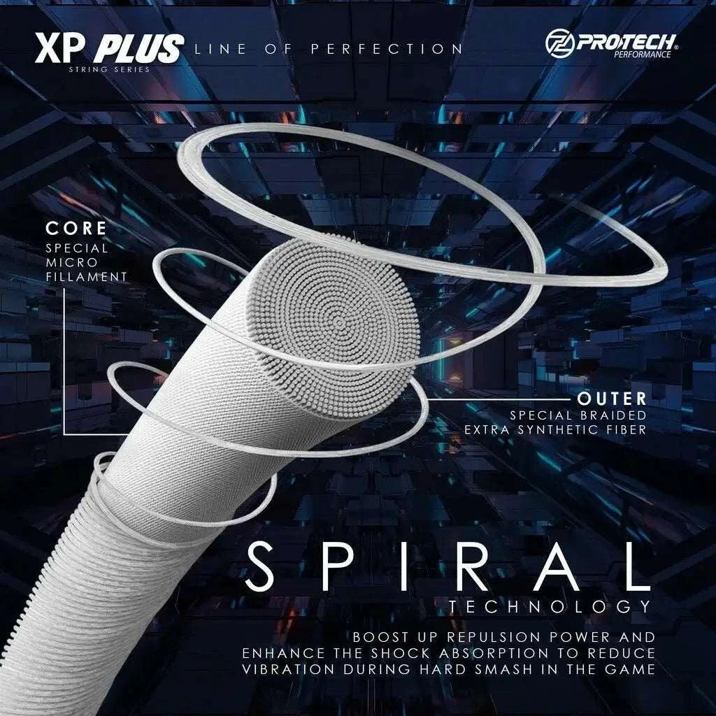 PROTECH XP66Plus Performance String, white braided synthetic badminton string with spiral-wrapped layers and multifilament core