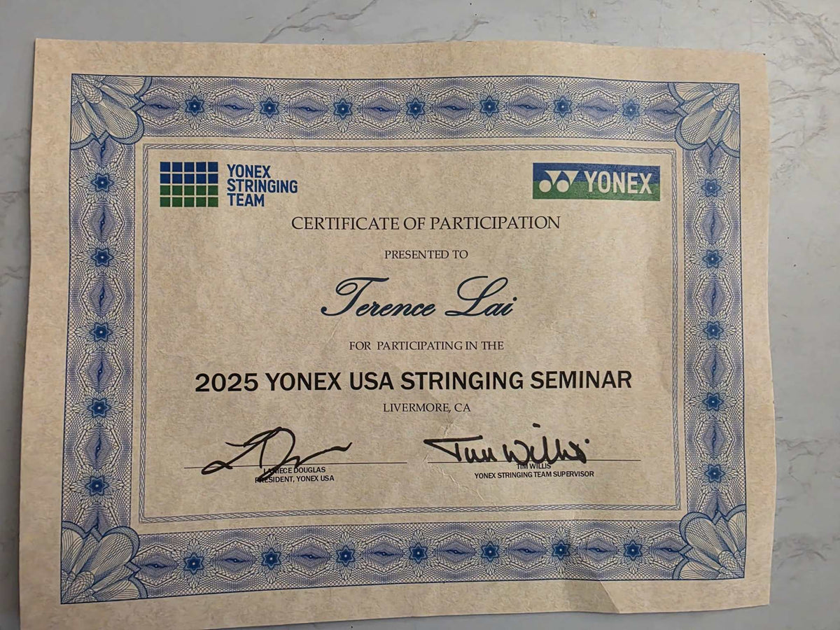 Racket Restringing Service certificate of participation for the 2025 Yonex USA Stringing Seminar, with blue border