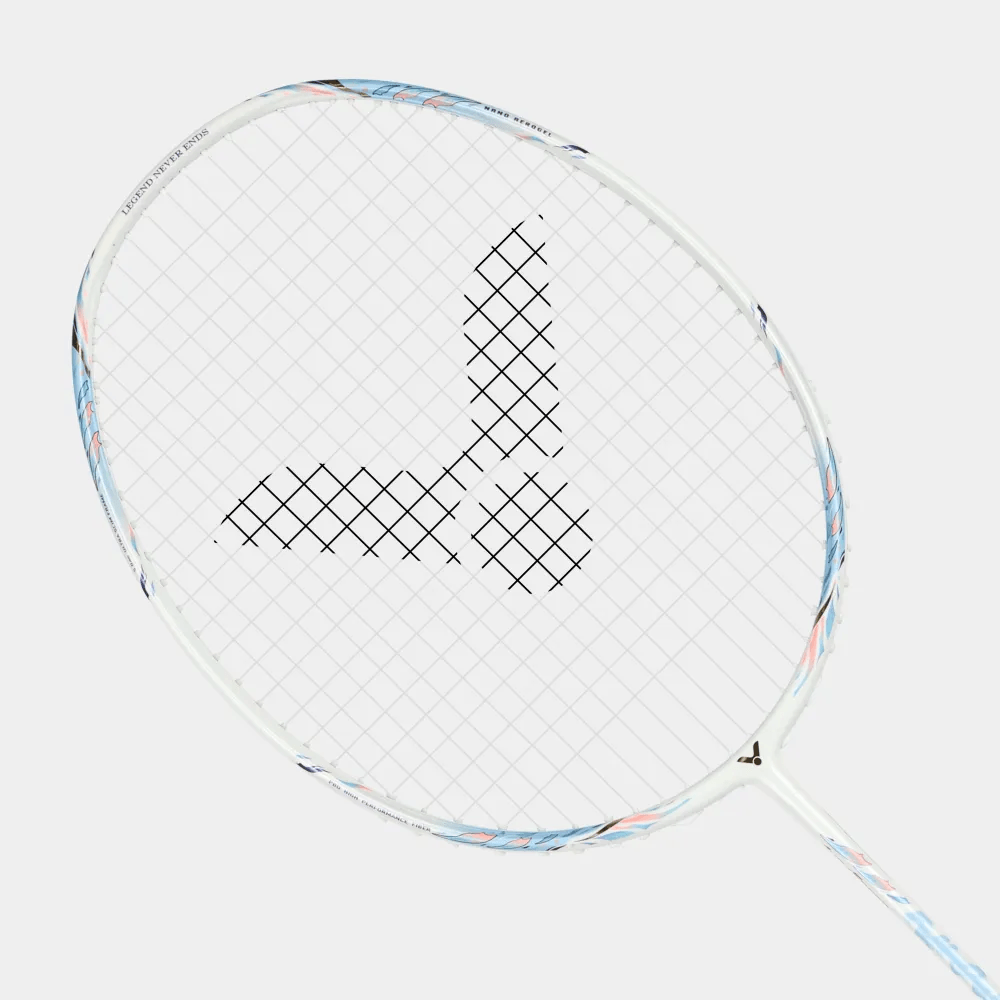 Victor AuraSpeed Fantome F badminton racket with a pearly white frame, fine strings and blue and coral accents