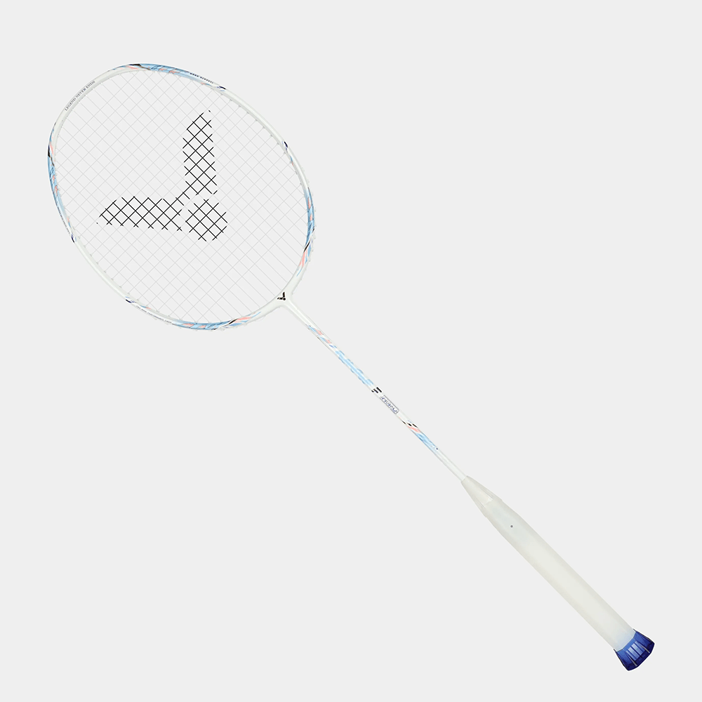 Victor AuraSpeed Fantome F badminton racket in pearly white with a slim frame, light blue accents and dark string logo
