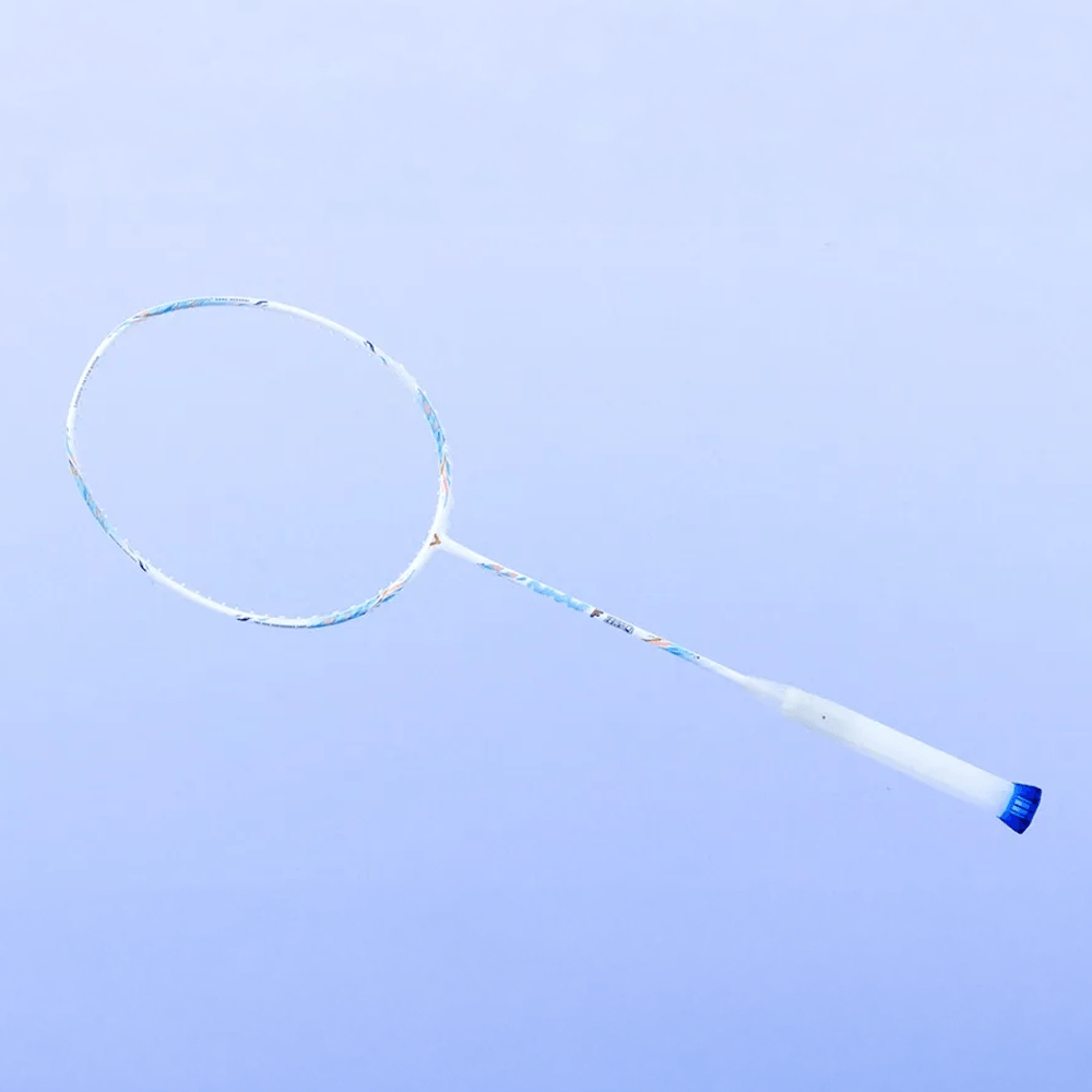 Victor AuraSpeed Fantome F badminton racket with a pearly white frame, pale blue accents and bright blue grip cap