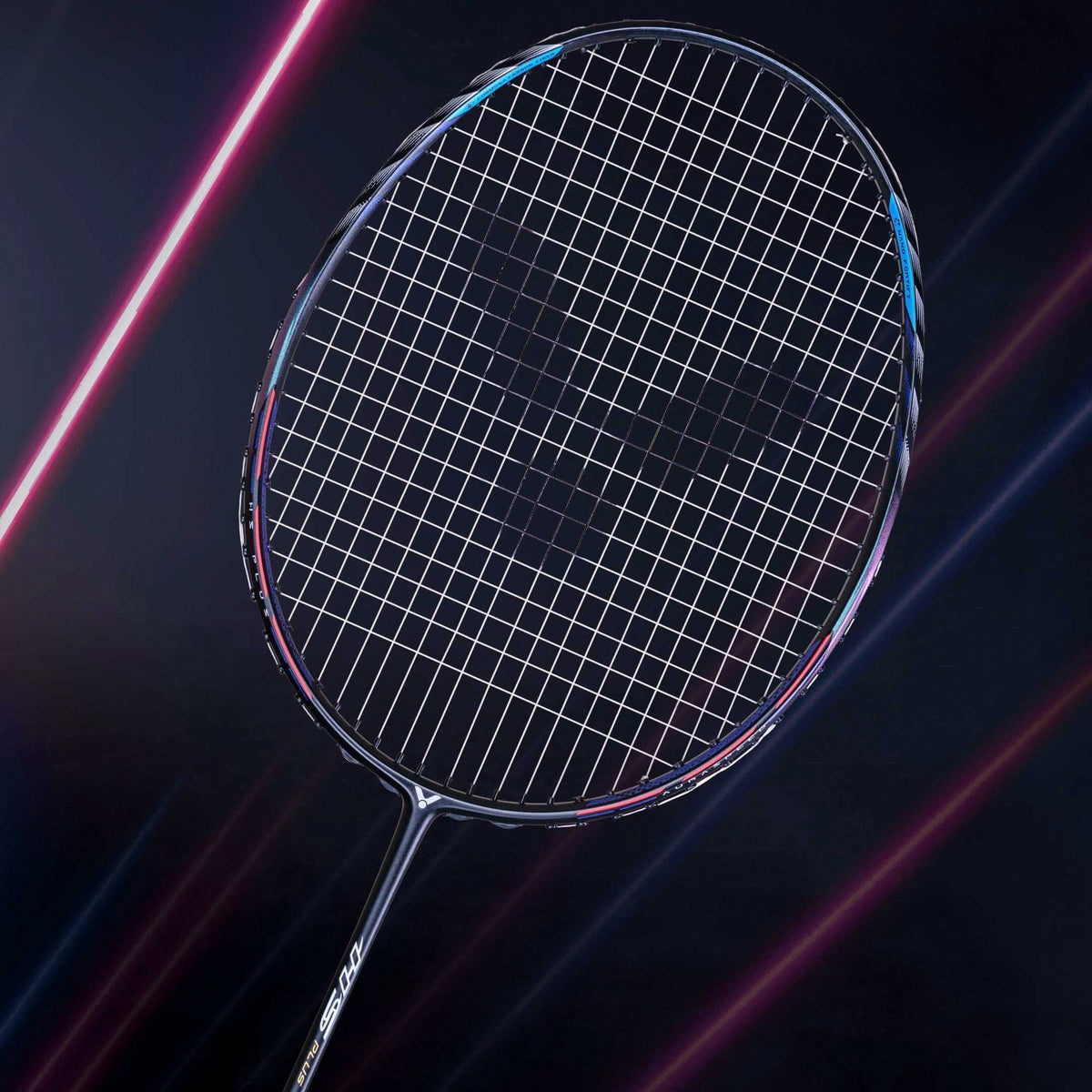Victor AuraSpeed HyperSonic Plus badminton racket with a dull black graphite frame, fine strings and blue accents