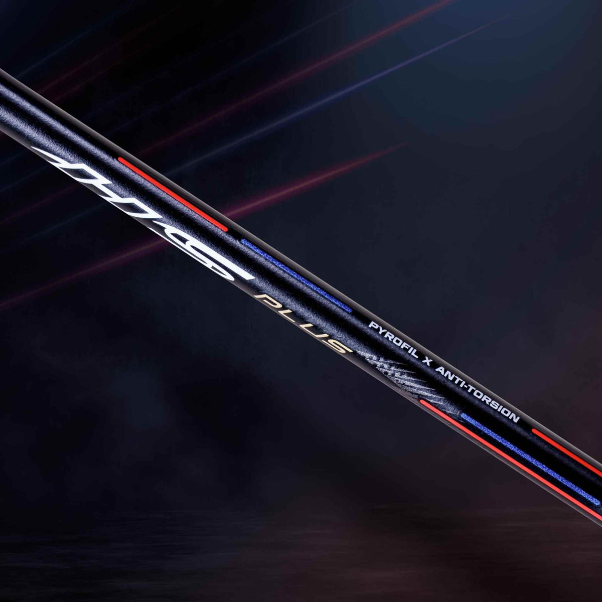 Victor AuraSpeed HyperSonic Plus badminton racket shaft in dull black graphite with blue and red accents and printed shaft details