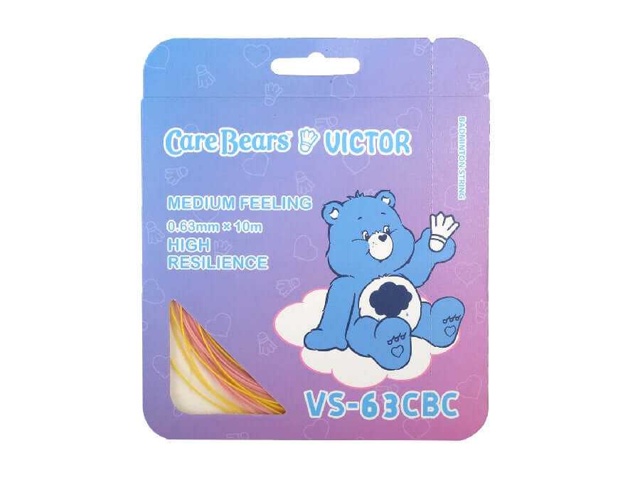 Victor Care Bear VS-63CBC badminton string in a purple Care Bears package with a blue bear graphic and colorful string