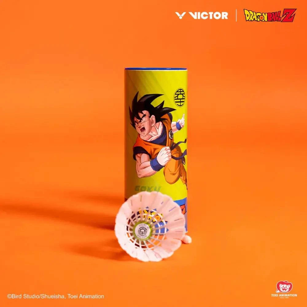 Victor Dragon Ball Z Goku synthetic shuttlecock with pale pink feathers and a yellow tube featuring Goku artwork