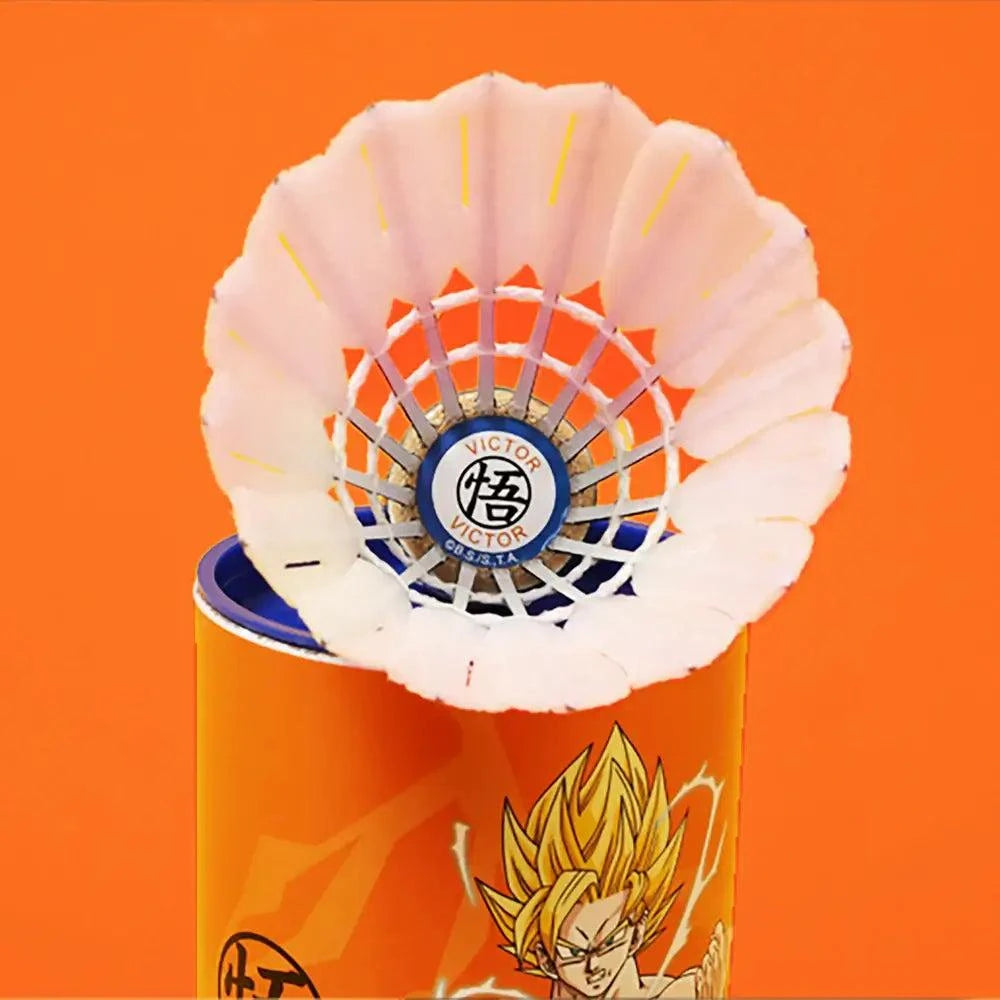 Victor Dragon Ball Z Goku shuttlecock with a white synthetic feather skirt, blue-white cork head, and orange Goku tube