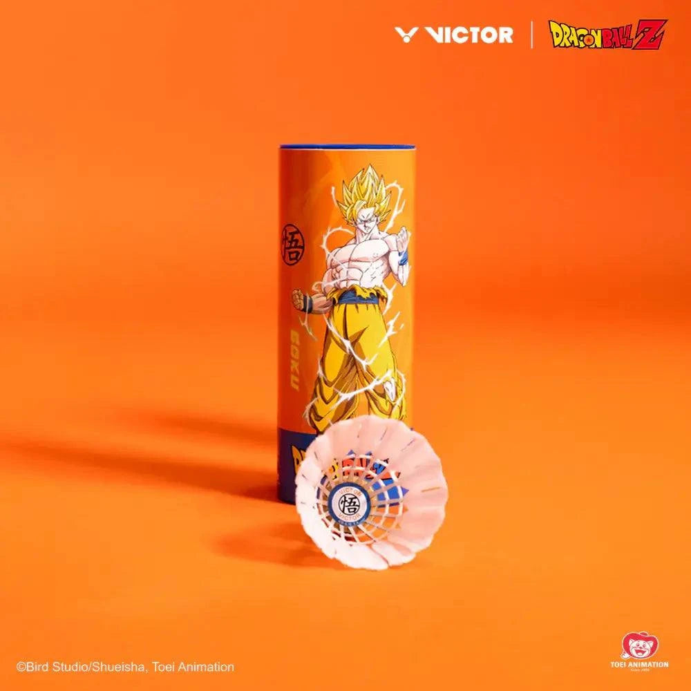 Victor Dragon Ball Z Goku synthetic shuttlecock with pale pink feathers, blue stem details and a matching orange character-printed tube