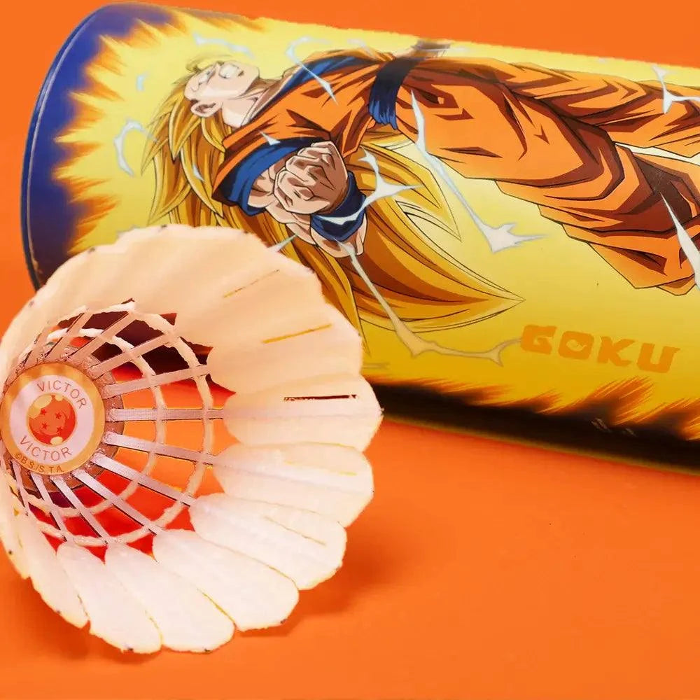 Victor Dragon Ball Z Goku shuttlecock with white synthetic feathers, red lattice skirt and branded cork tip
