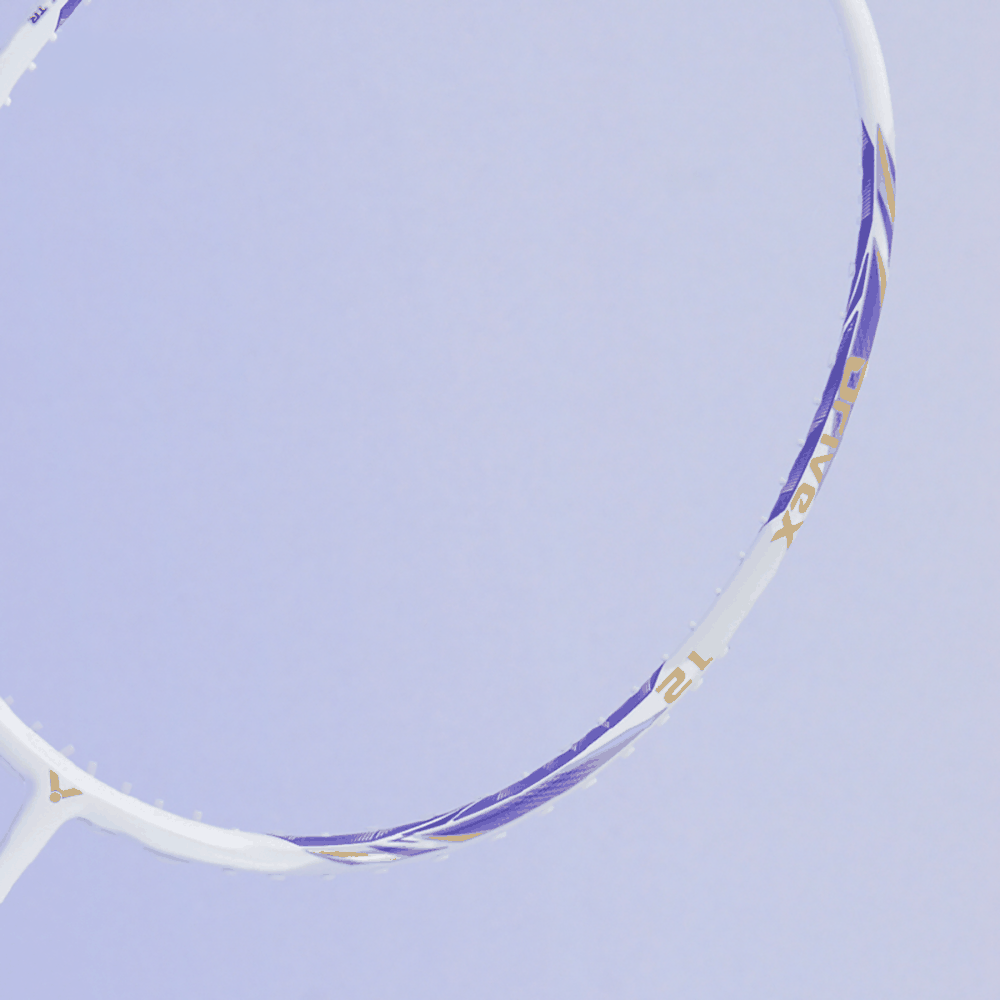 Victor DriveX 12 badminton racket frame in pearly white with purple and gold accents and slim graphite construction