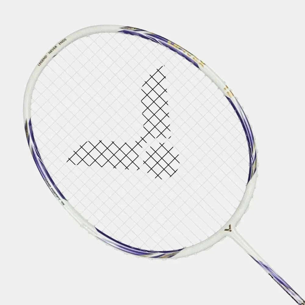 Victor DriveX 12 badminton racket with a pearly white frame, purple accents, fine strings and a black logo