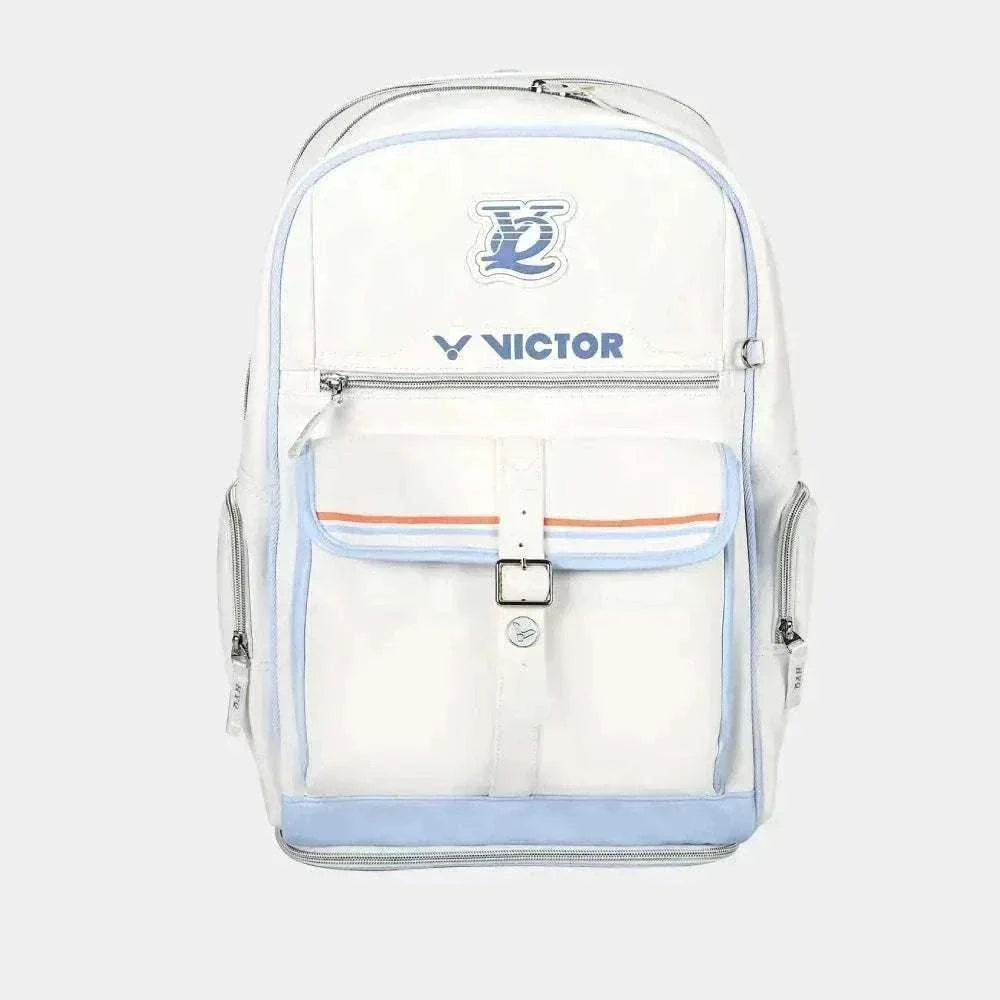 Victor HYQ backpack in bright white with blue piping, orange accent stripe, front flap pocket and buckle closure