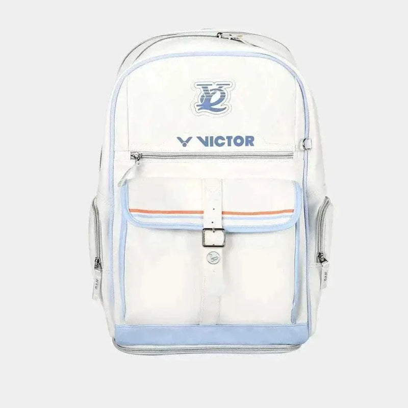 Victor HYQ backpack in bright white with blue piping, orange accent stripe, front flap pocket and buckle closure