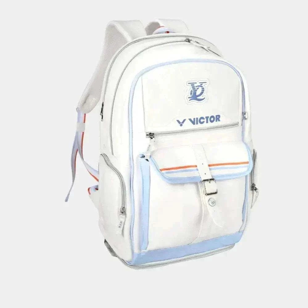 Victor HYQ backpack in bright white with blue trim, orange accent stripes, multiple zip compartments and front buckle flap