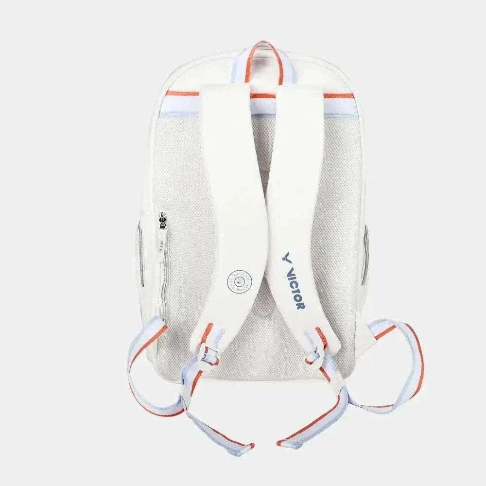 Victor HYQ backpack in white textured fabric with padded shoulder straps, coral and blue trim, and VICTOR branding