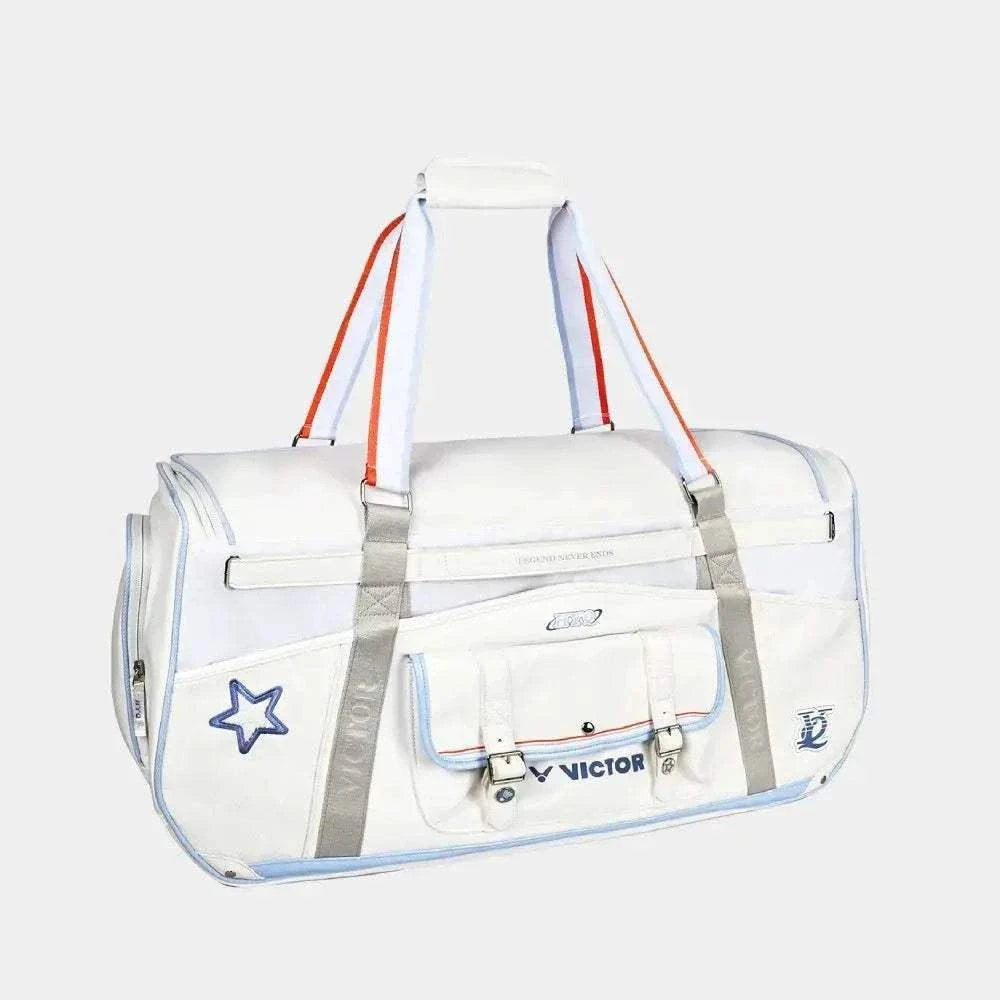 Victor HYQ racket bag in white with pale blue piping, grey straps, orange accents, star graphic and front pockets