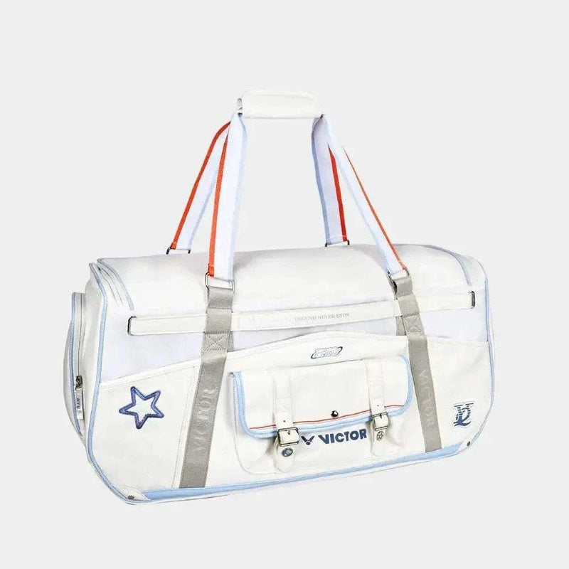 Victor HYQ racket bag in white with pale blue piping, grey straps, orange accents, star graphic and front pockets