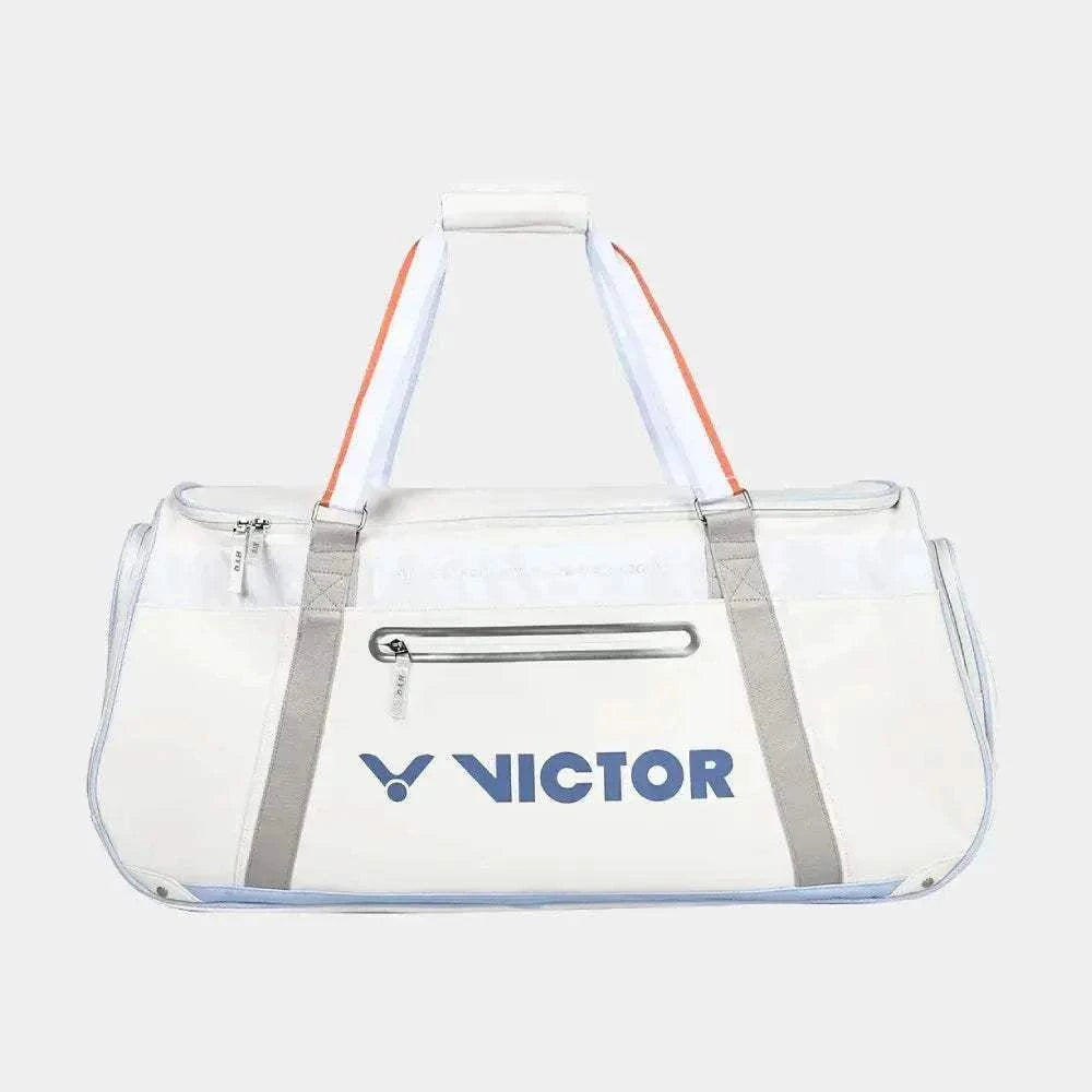Victor HYQ racket bag in bright white with grey straps, orange accents, blue logo and front zip pocket