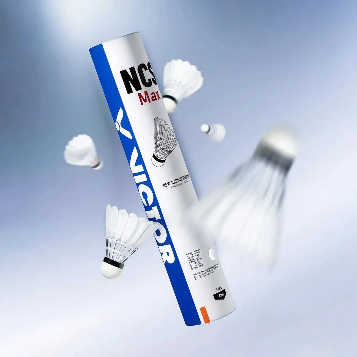 Victor New CarbonSonic Max shuttlecock tube with a white and blue design, showing white synthetic feather shuttlecocks with cork heads