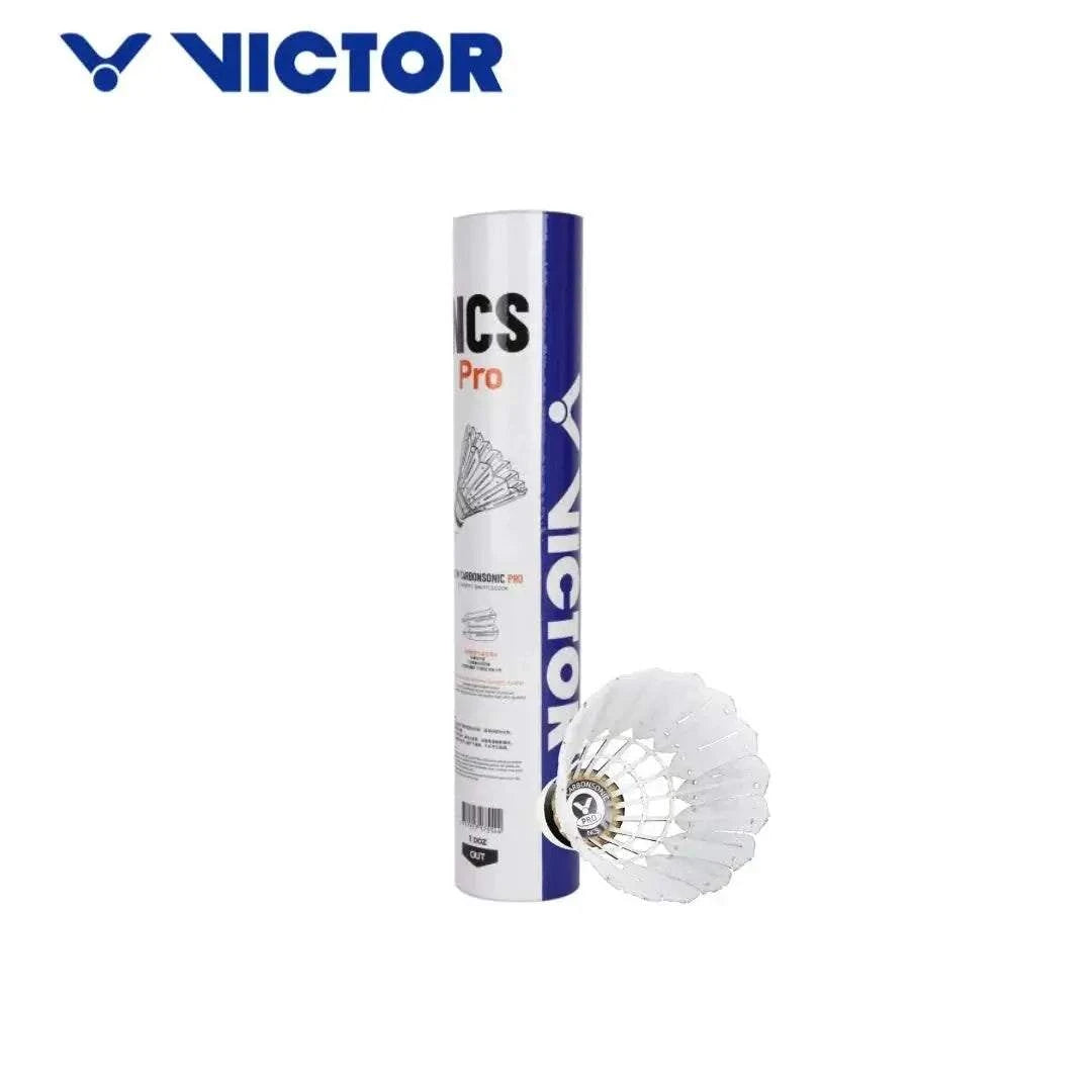 Victor New CarbonSonic Pro shuttlecock, white synthetic skirt with composite cork head beside a blue and white tube.
