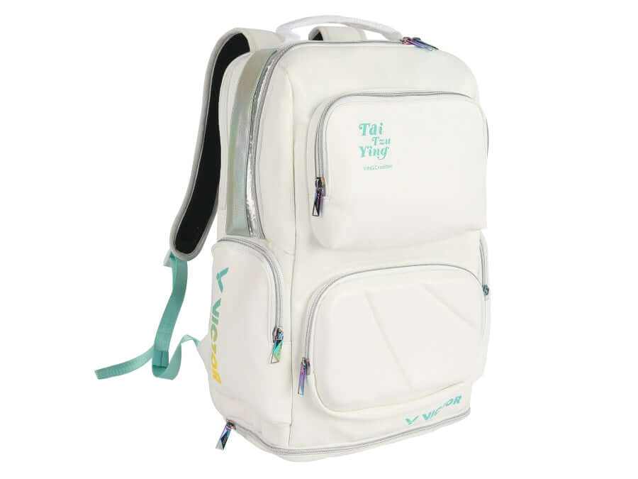 Victor TAI TZU YING Tribute Collection backpack in white with turquoise accents, multiple zip pockets and logo details