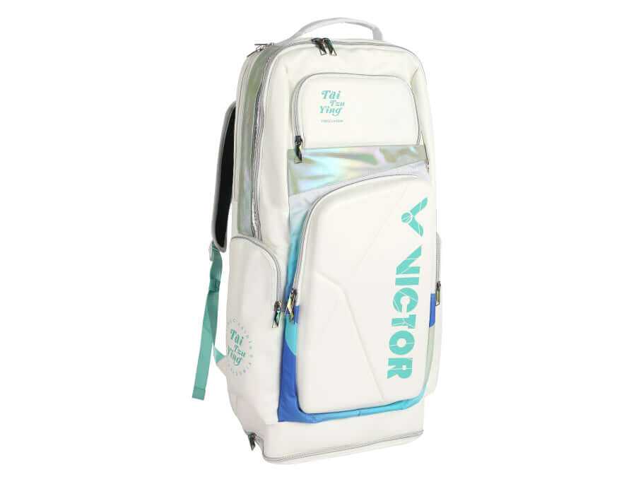 Victor TAI TZU YING badminton backpack in bright white with turquoise accents, iridescent trim and multiple zip pockets