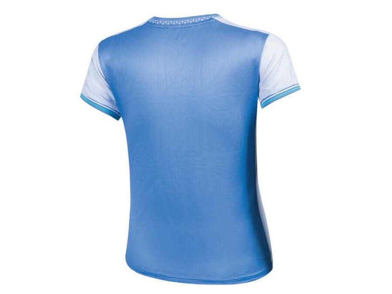 Victor TAI TZU YING women's T-shirt in blue with white raglan sleeves and contrasting blue sleeve trim
