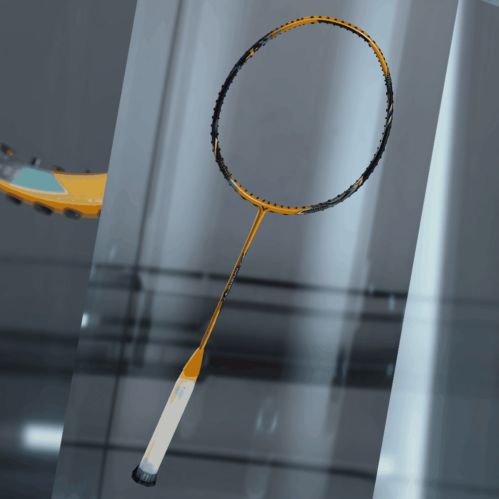 Victor Thruster F C Ultra X badminton racket in gold and black with a slim graphite shaft and oval frame