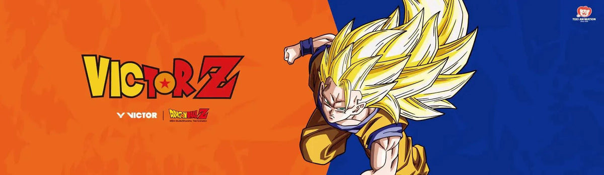 Victor x Dragon Ball Z banner with bold logo lettering and an illustrated Super Saiyan character in orange and blue