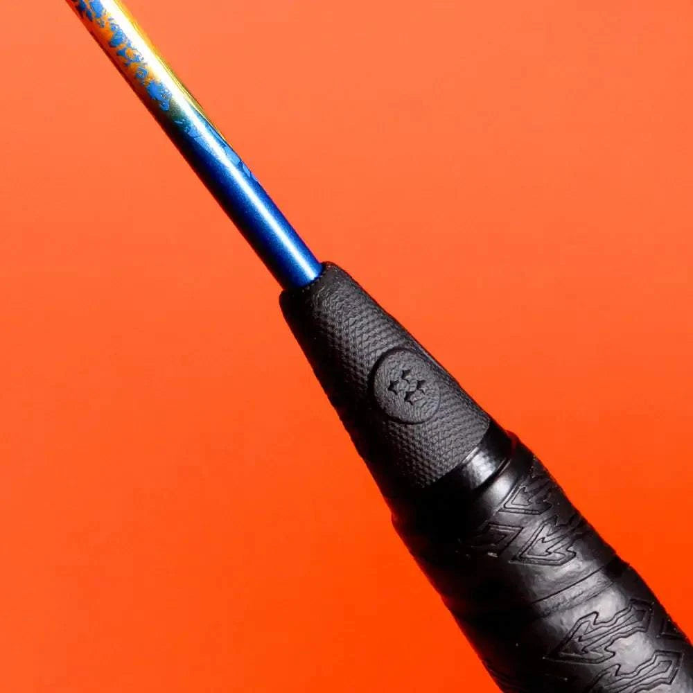 Victor x Dragon Ball Z badminton racket with a glossy blue shaft and black textured grip embossed with a logo