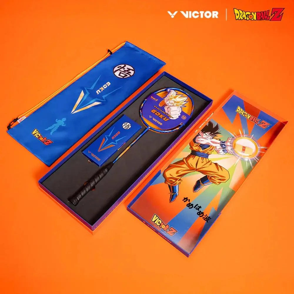 Victor x Dragon Ball Z badminton racket gift set in blue and orange, with Goku graphics, racket bag and illustrated box