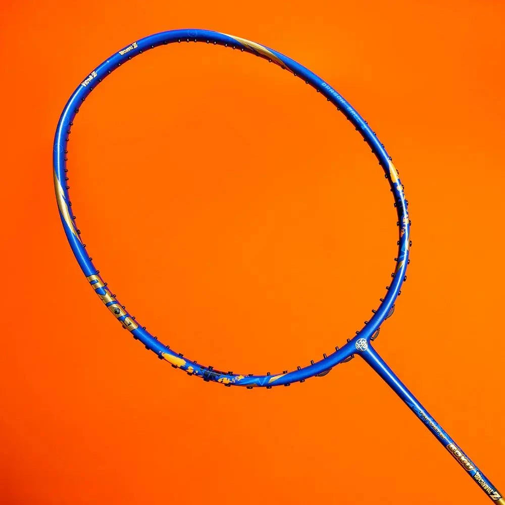 Badminton racket, Victor x Dragon Ball Z design in vivid blue with gold accents and character-inspired graphics