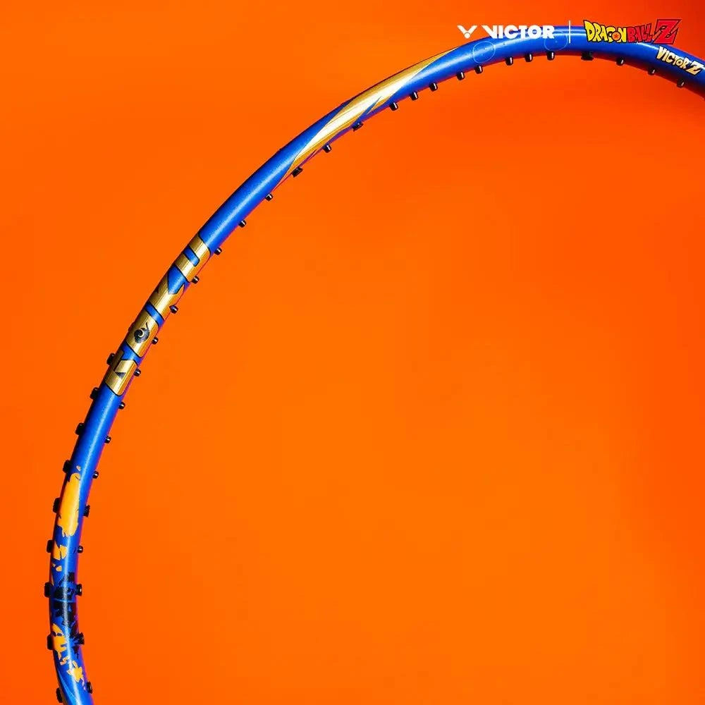 Badminton racket frame, Victor x Dragon Ball Z blue and gold design with branded graphics and a curved oval head
