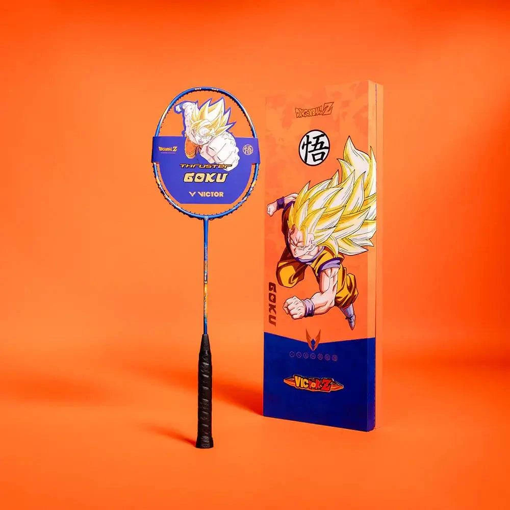 Victor x Dragon Ball Z badminton racket in blue and gold with Goku artwork, paired with a matching illustrated gift box