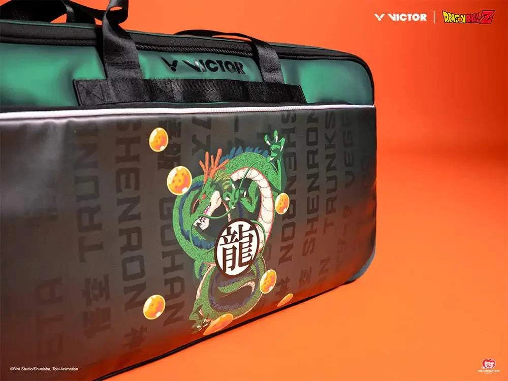Victor x Dragon Ball Z rectangular racket bag in deep teal and black PU leather, featuring a green dragon and character graphics